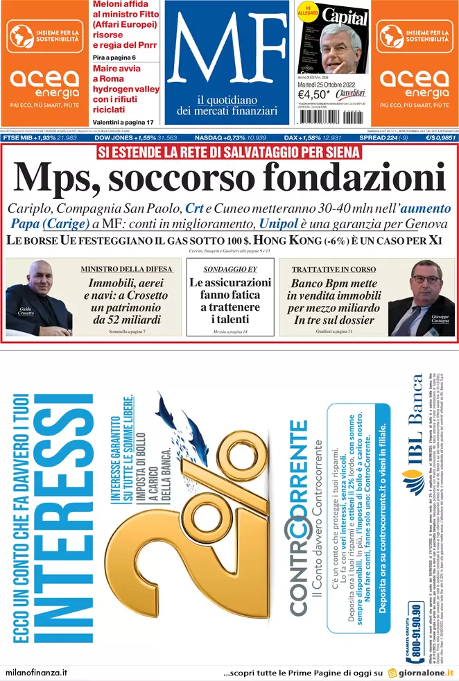 Prime pagine giornali economici 25 ottobre. Prezzo del gas sceso a 99 euro