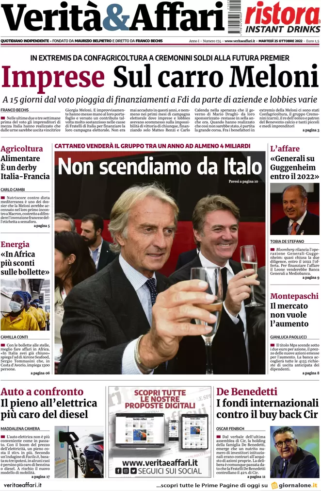Prime pagine giornali economici 25 ottobre. Prezzo del gas sceso a 99 euro