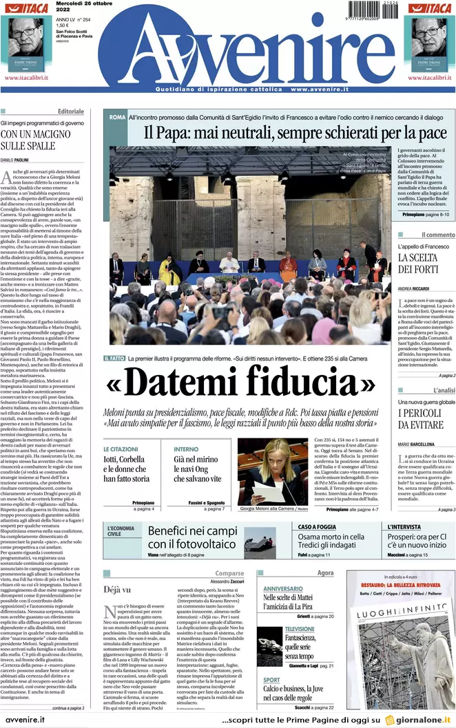 Prime pagine giornali 26 ottobre 2022. Viminale, stretta sulle Ong in mare