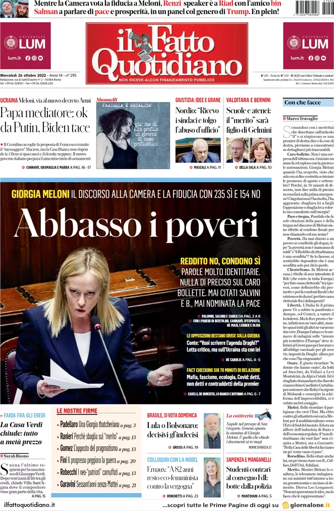 Prime pagine giornali 26 ottobre 2022. Viminale, stretta sulle Ong in mare