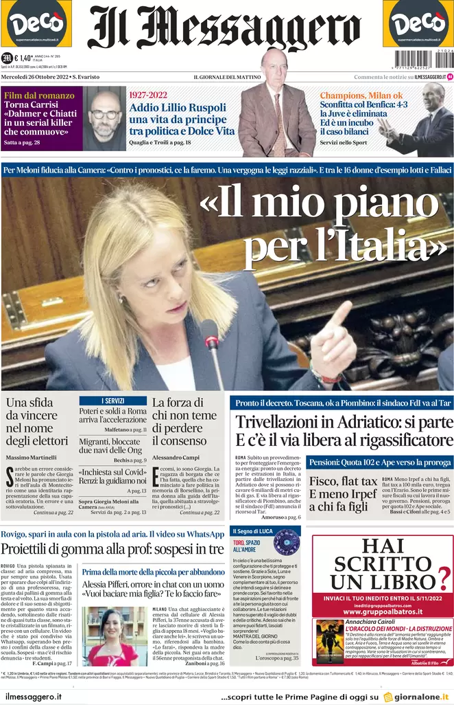 Prime pagine giornali 26 ottobre 2022. Viminale, stretta sulle Ong in mare