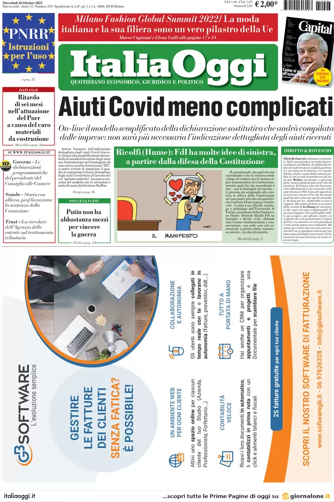 Prime pagine giornali economici 26 ottobre. Unicredit verso 1 mld di utili