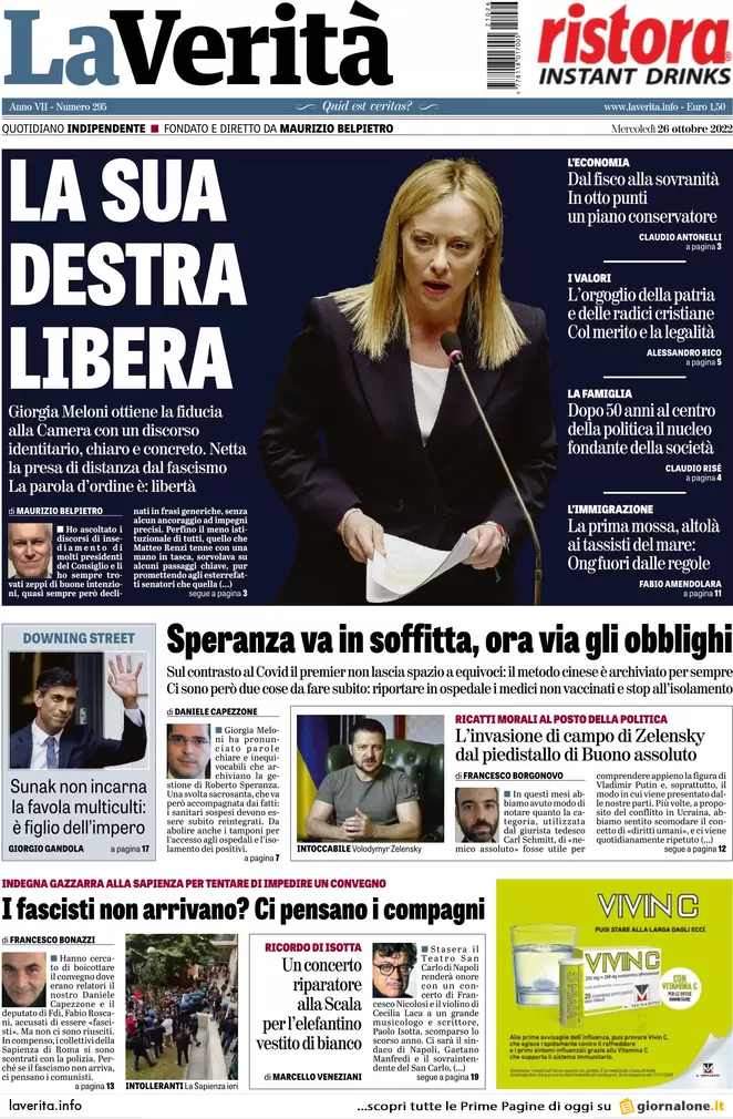 Prime pagine giornali 26 ottobre 2022. Viminale, stretta sulle Ong in mare