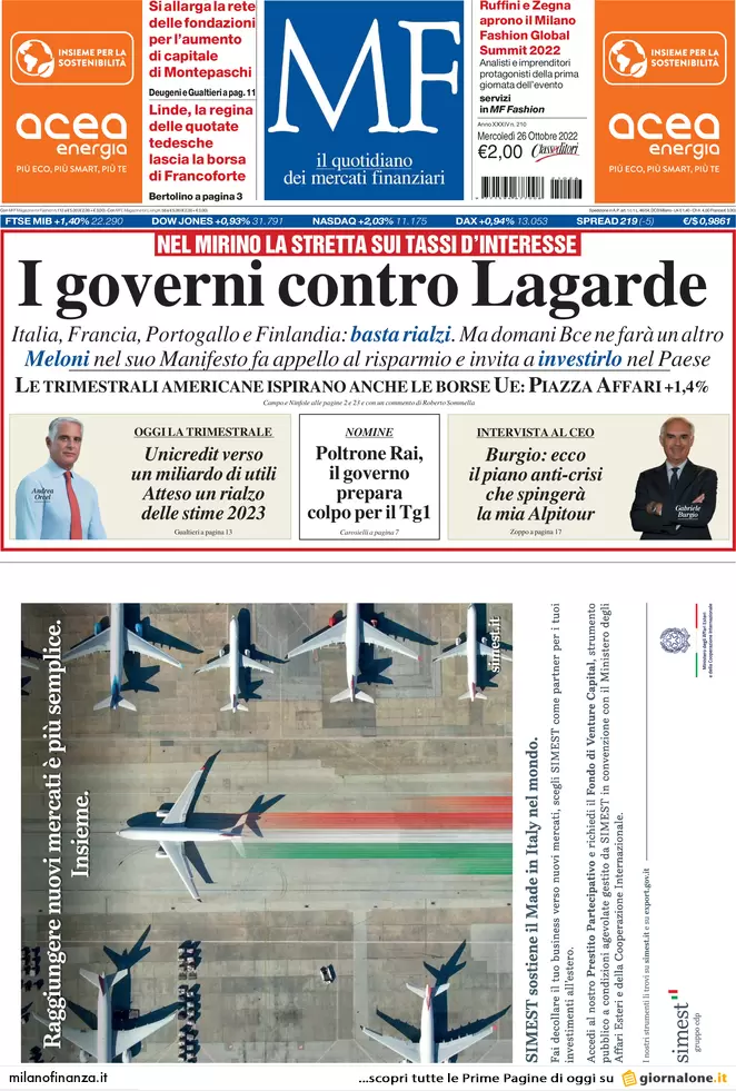 Prime pagine giornali economici 26 ottobre. Unicredit verso 1 mld di utili
