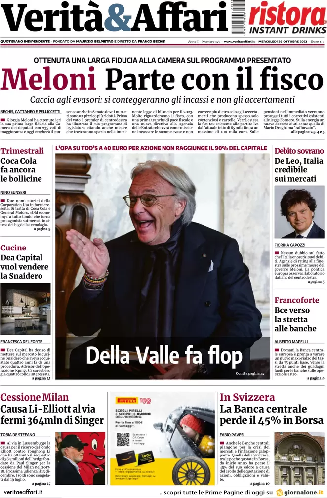 Prime pagine giornali economici 26 ottobre. Unicredit verso 1 mld di utili