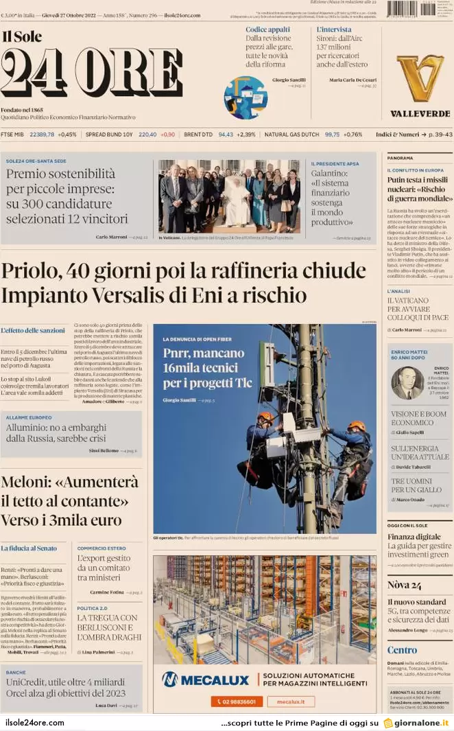 Prime pagine giornali 27 ottobre 2022. Nucleare, Putin si scontra con l’Italia