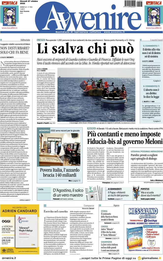 Prime pagine giornali 27 ottobre 2022. Nucleare, Putin si scontra con l’Italia