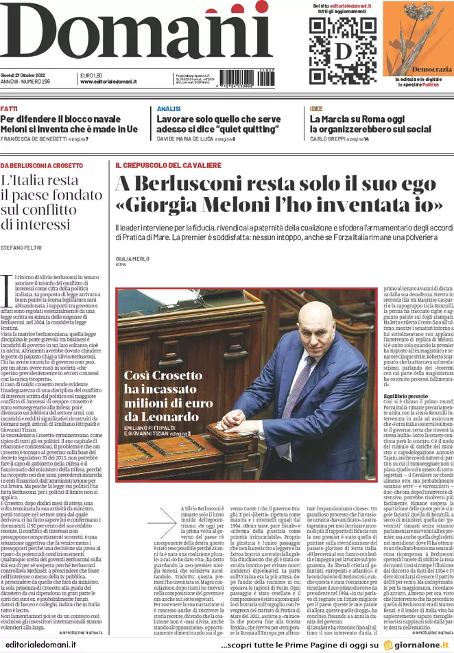 Prime pagine giornali 27 ottobre 2022. Nucleare, Putin si scontra con l’Italia
