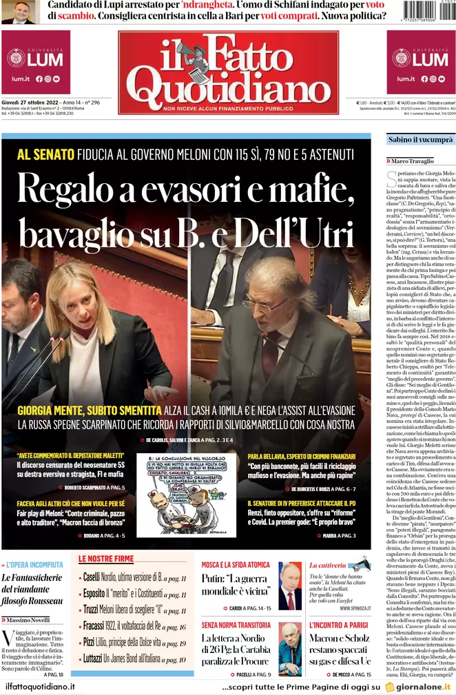 Prime pagine giornali 27 ottobre 2022. Nucleare, Putin si scontra con l’Italia