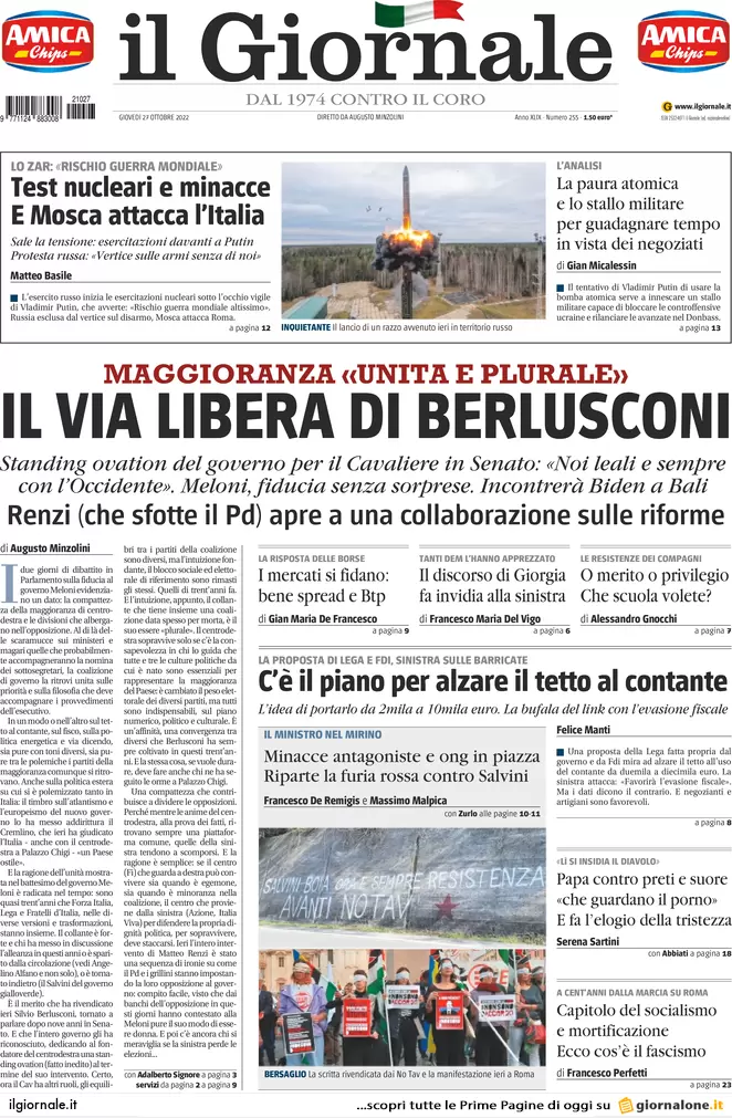 Prime pagine giornali 27 ottobre 2022. Nucleare, Putin si scontra con l’Italia