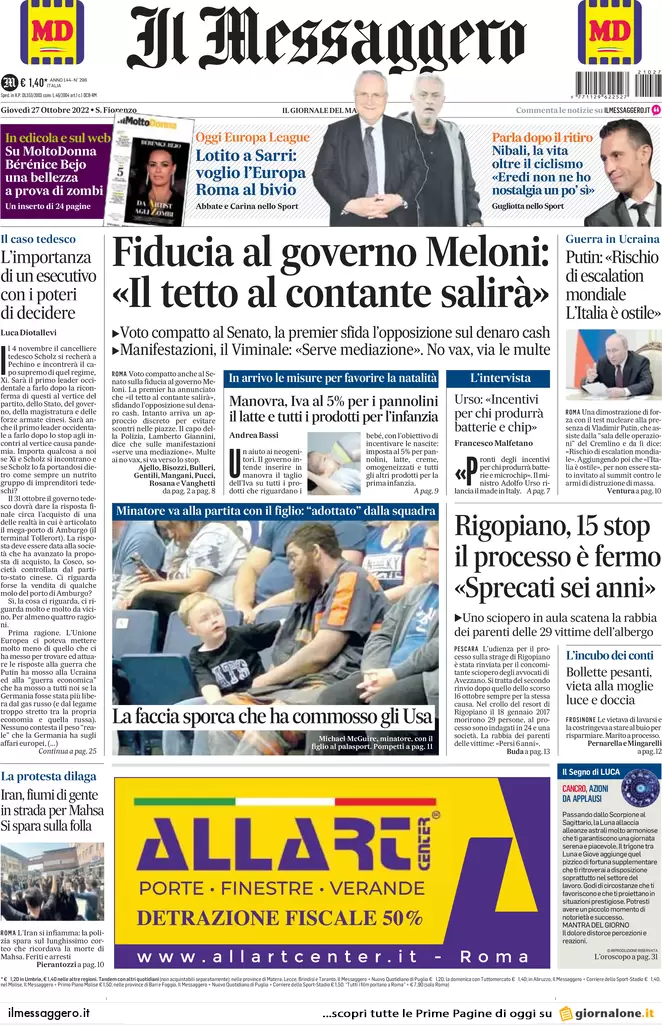 Prime pagine giornali 27 ottobre 2022. Nucleare, Putin si scontra con l’Italia