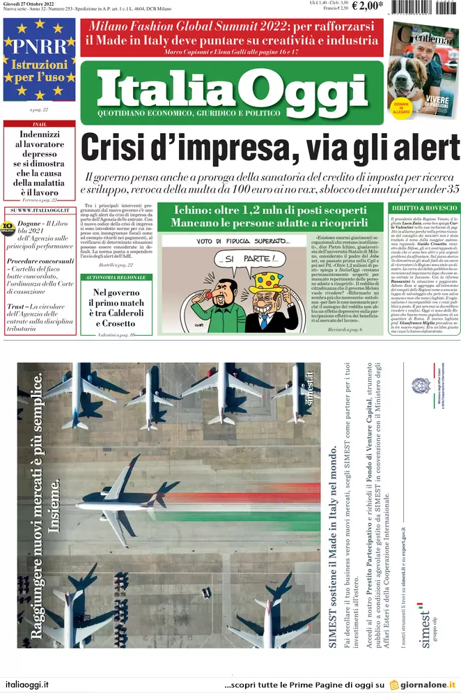 Prime pagine giornali economici 27 ottobre. Tetto del contante verso i 3mila €