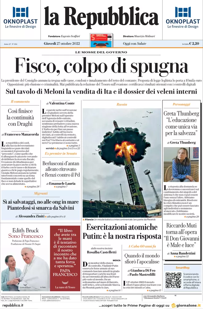 Prime pagine giornali 27 ottobre 2022. Nucleare, Putin si scontra con l’Italia