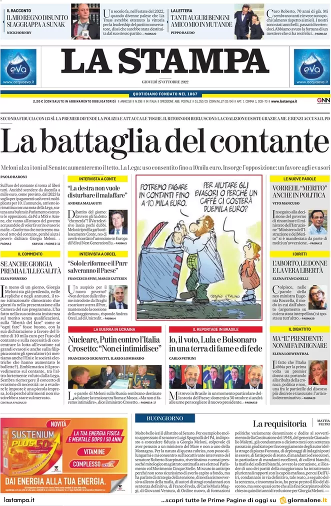 Prime pagine giornali 27 ottobre 2022. Nucleare, Putin si scontra con l’Italia