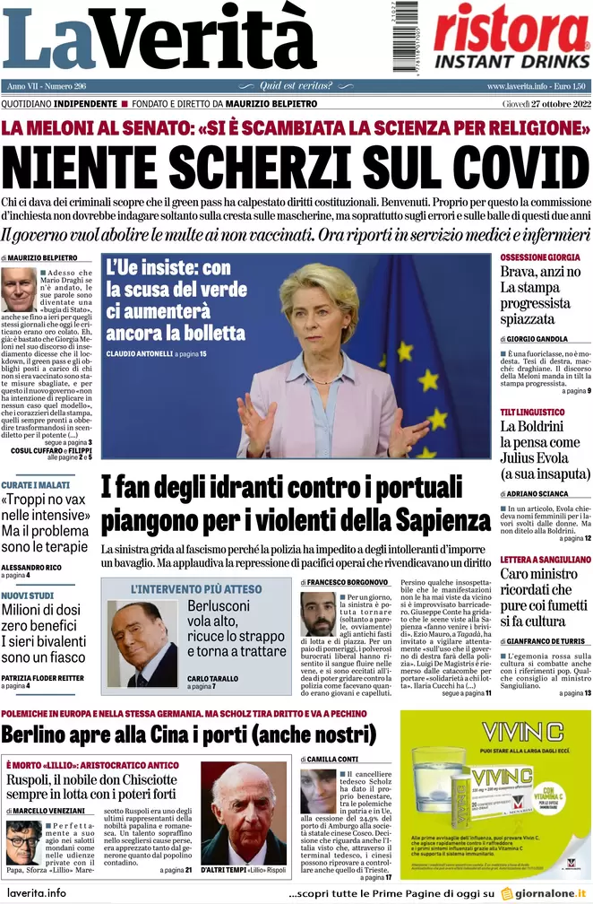 Prime pagine giornali 27 ottobre 2022. Nucleare, Putin si scontra con l’Italia