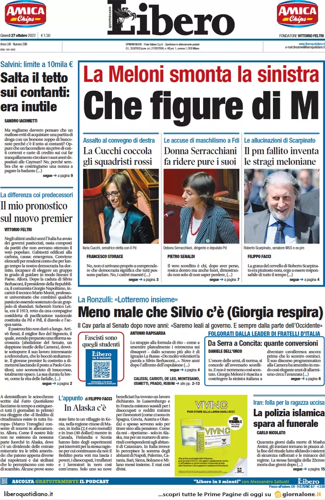 Prime pagine giornali 27 ottobre 2022. Nucleare, Putin si scontra con l’Italia