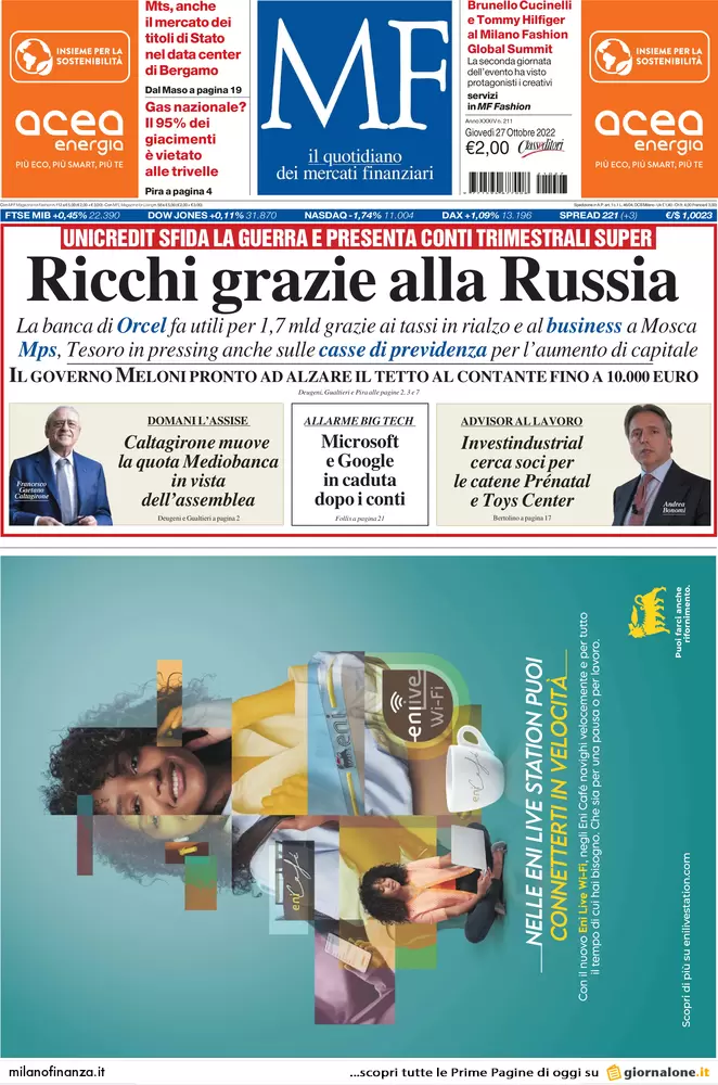 Prime pagine giornali economici 27 ottobre. Tetto del contante verso i 3mila €