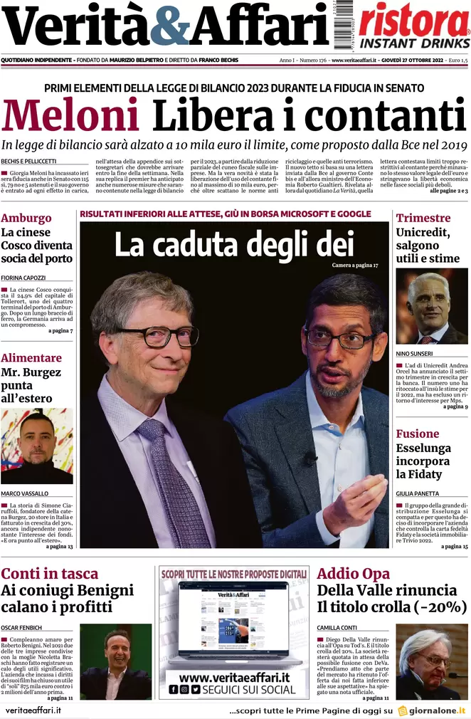 Prime pagine giornali economici 27 ottobre. Tetto del contante verso i 3mila €