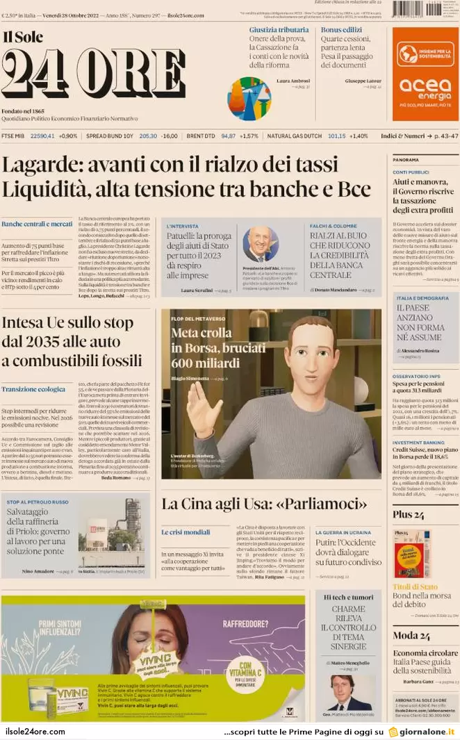 Prime pagine giornali 28 ottobre 2022. Dopo il contante il Pos: stop obbligo