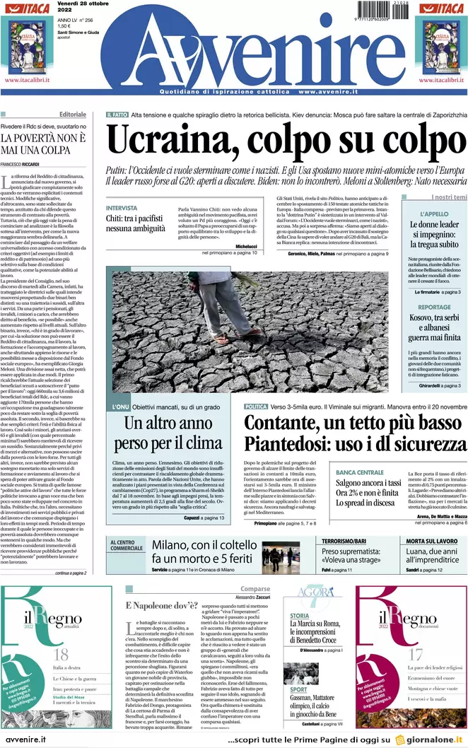 Prime pagine giornali 28 ottobre 2022. Dopo il contante il Pos: stop obbligo
