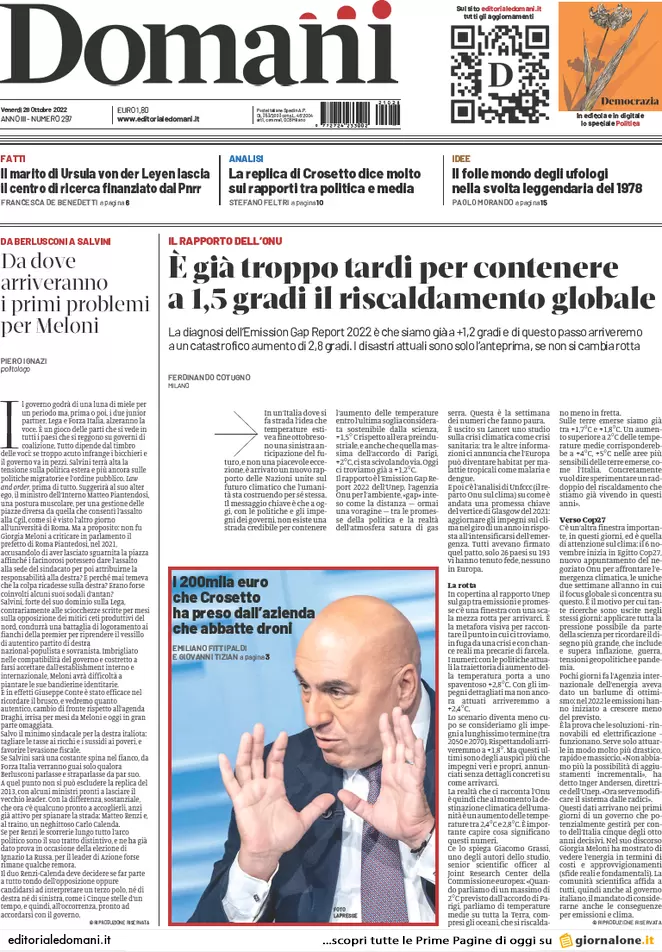 Prime pagine giornali 28 ottobre 2022. Dopo il contante il Pos: stop obbligo