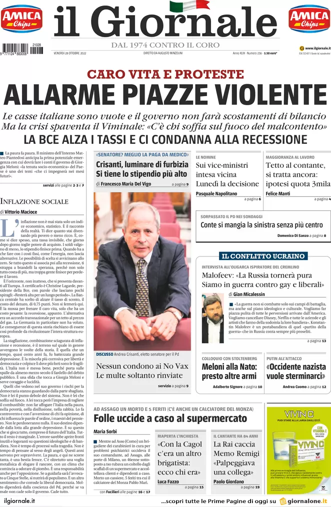 Prime pagine giornali 28 ottobre 2022. Dopo il contante il Pos: stop obbligo