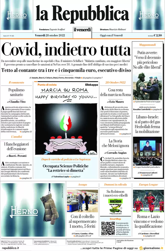Prime pagine giornali 28 ottobre 2022. Dopo il contante il Pos: stop obbligo