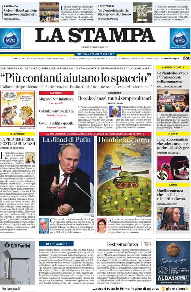 Prime pagine giornali 28 ottobre 2022. Dopo il contante il Pos: stop obbligo
