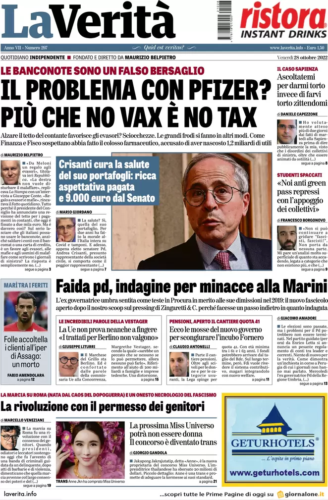 Prime pagine giornali 28 ottobre 2022. Dopo il contante il Pos: stop obbligo