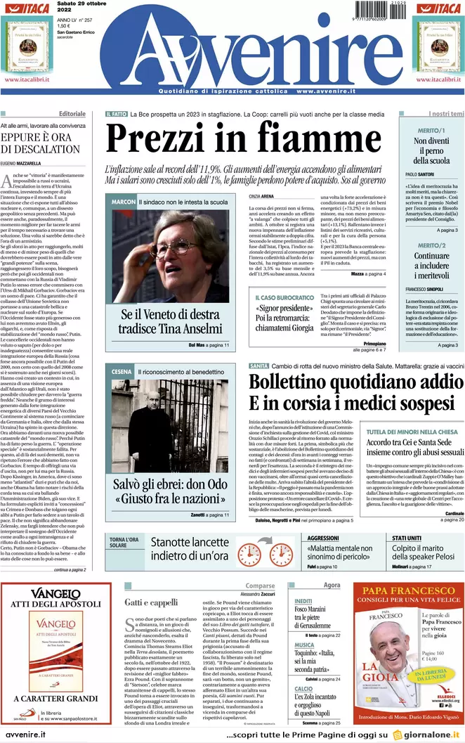 Prime pagine giornali 29 ottobre 2022. Meloni free Covid e utili di guerra