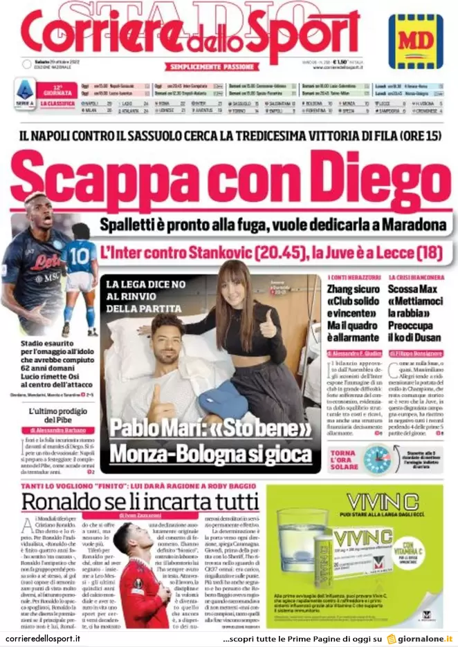 Prime pagine giornali 29 ottobre 2022. Meloni free Covid e utili di guerra
