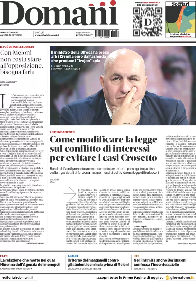 Prime pagine giornali 29 ottobre 2022. Meloni free Covid e utili di guerra