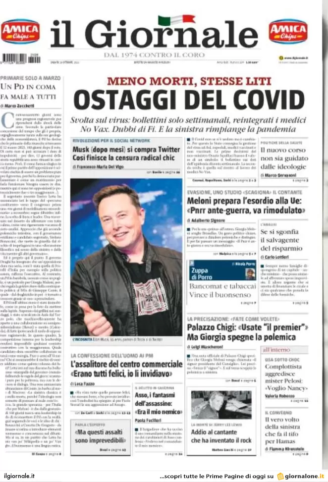 Prime pagine giornali 29 ottobre 2022. Meloni free Covid e utili di guerra
