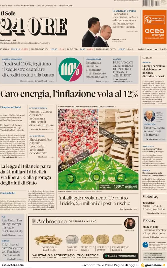 Prime pagine giornali economici 29 ottobre. Inflazione boom e rebus mutui