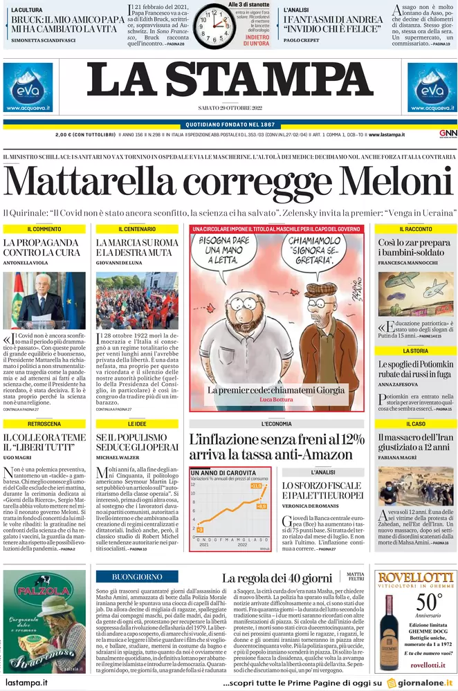 Prime pagine giornali 29 ottobre 2022. Meloni free Covid e utili di guerra