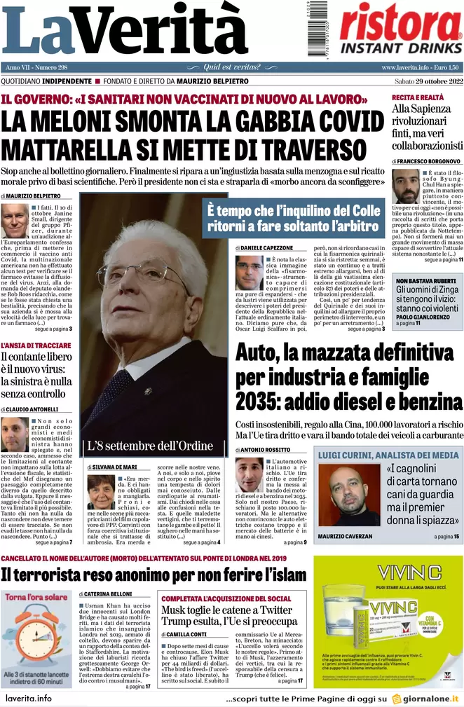 Prime pagine giornali 29 ottobre 2022. Meloni free Covid e utili di guerra