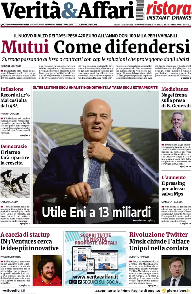 Prime pagine giornali economici 29 ottobre. Inflazione boom e rebus mutui