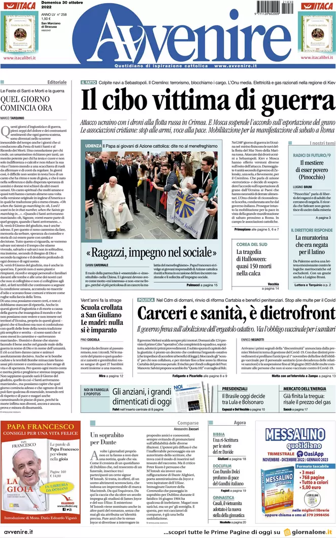 Prime pagine giornali 30 ottobre 2022. Armi all’Ucraina e piano giustizia