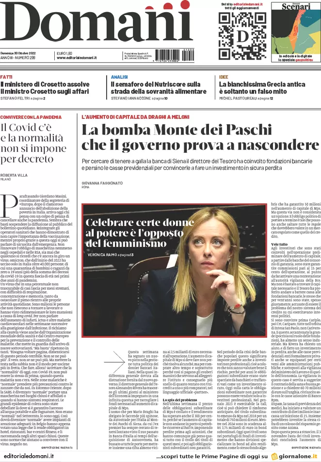 Prime pagine giornali 30 ottobre 2022. Armi all’Ucraina e piano giustizia