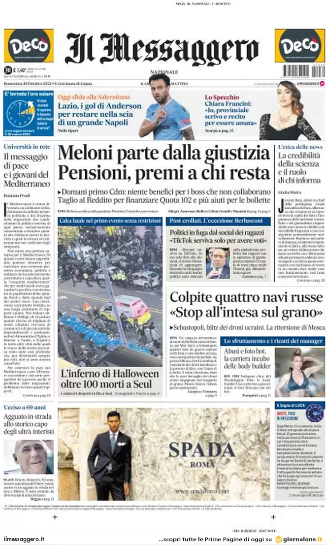 Prime pagine giornali 30 ottobre 2022. Armi all’Ucraina e piano giustizia