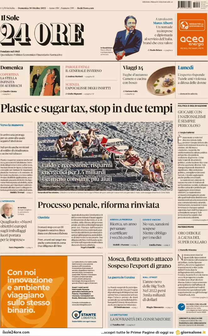 Prime pagine giornali economici 30 ottobre. Plastic tax e niente bolla tech