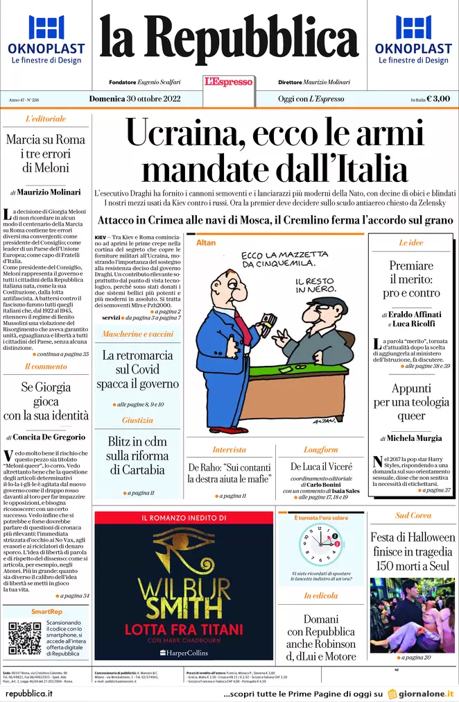 Prime pagine giornali 30 ottobre 2022. Armi all’Ucraina e piano giustizia