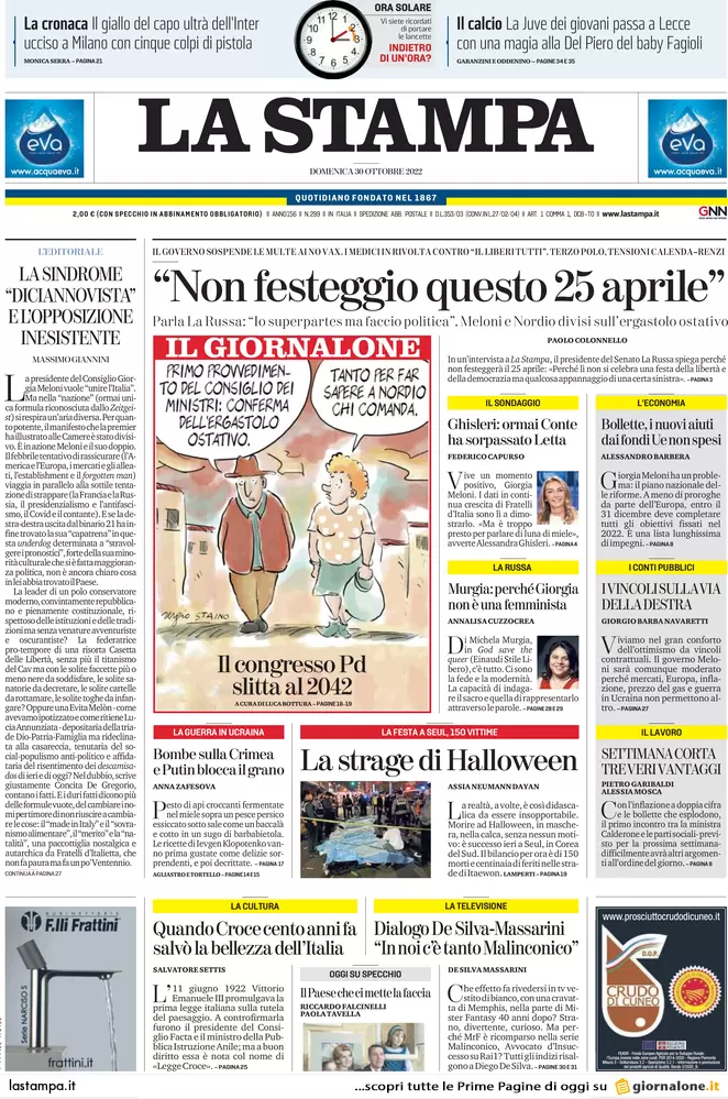 Prime pagine giornali 30 ottobre 2022. Armi all’Ucraina e piano giustizia