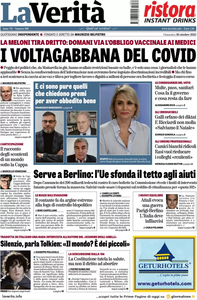 Prime pagine giornali 30 ottobre 2022. Armi all’Ucraina e piano giustizia