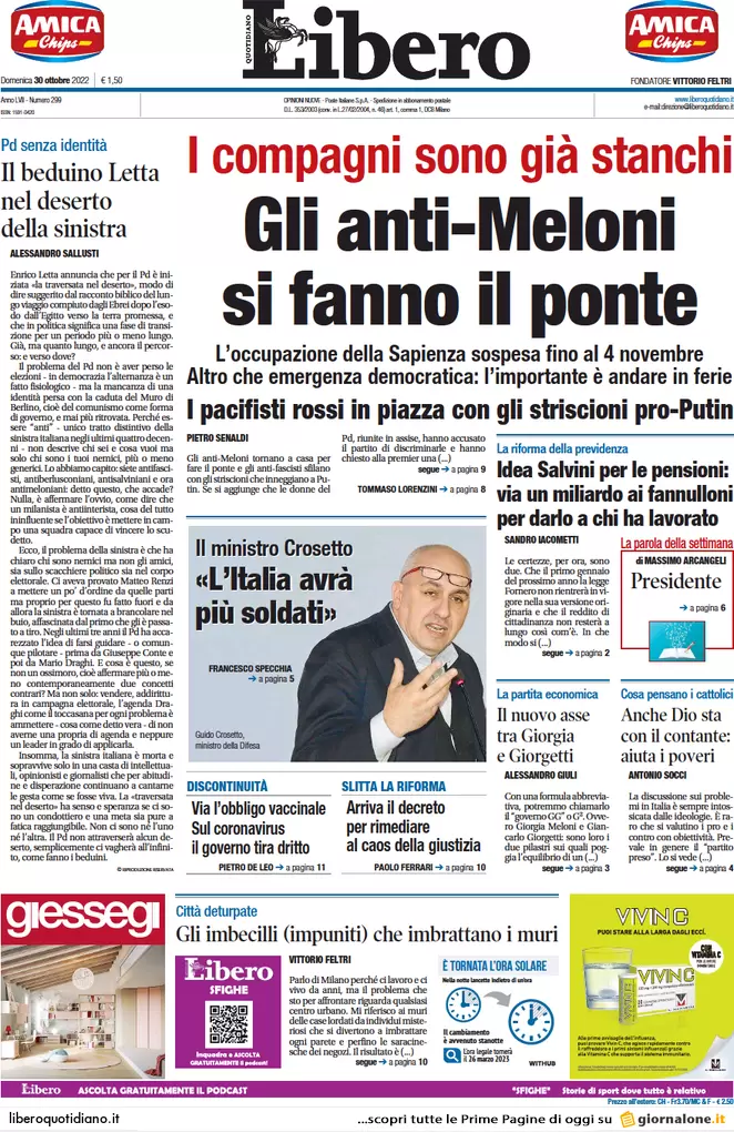 Prime pagine giornali 30 ottobre 2022. Armi all’Ucraina e piano giustizia