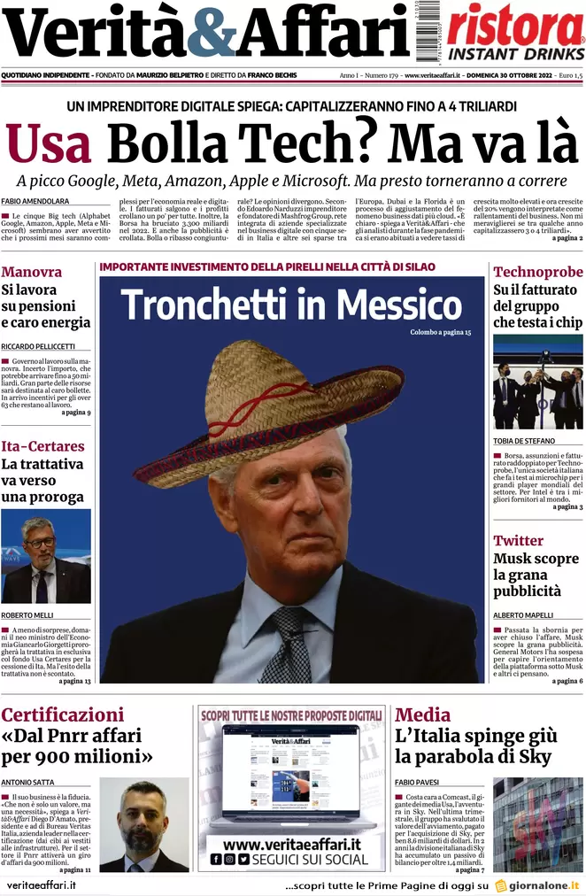 Prime pagine giornali economici 30 ottobre. Plastic tax e niente bolla tech