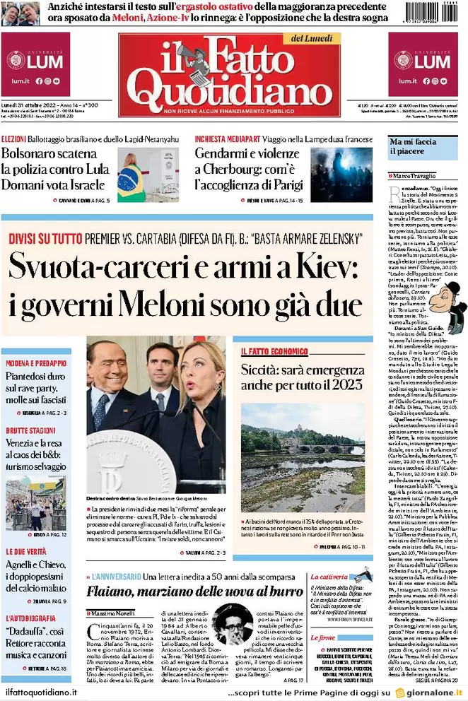 Prime pagine giornali 31 ottobre 2022. Padre uccide figlia, giù dal 3° piano
