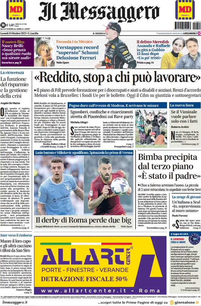Prime pagine giornali 31 ottobre 2022. Padre uccide figlia, giù dal 3° piano
