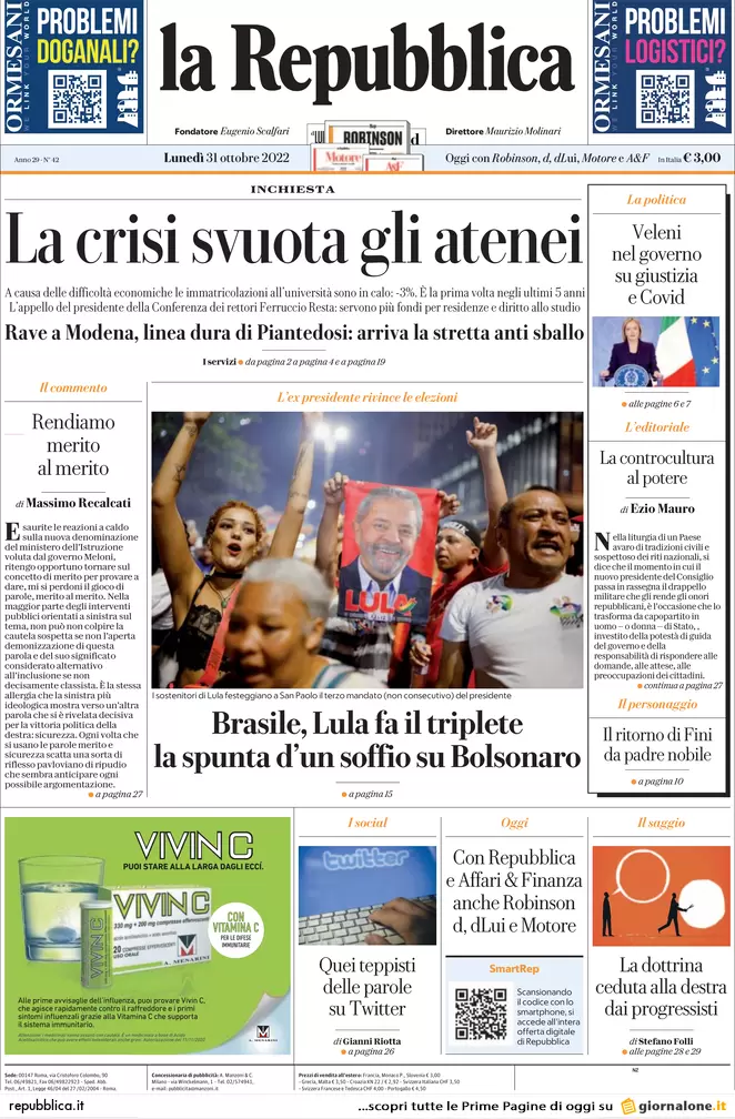 Prime pagine giornali 31 ottobre 2022. Padre uccide figlia, giù dal 3° piano