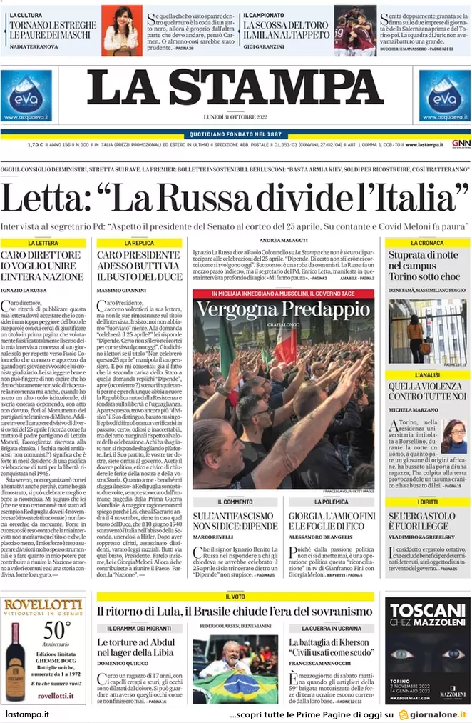 Prime pagine giornali 31 ottobre 2022. Padre uccide figlia, giù dal 3° piano